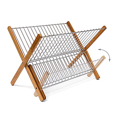 Relaxdays CROSS Bamboo And Chromed Steel Draining Rack: 27 x 38 x 29 cm Drying Rack Folding Dish Drainer For Plates, Cups, Glasses, Natural, Brown/Silver 3 Relaxdays CROSS Bamboo And Chromed Steel Draining Rack: 27 x 38 x 29 cm Drying Rack Folding Dish Drainer For Plates, Cups, Glasses, Natural, Brown/Silver - Image 3