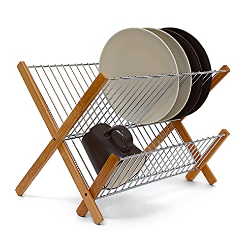 Relaxdays CROSS Bamboo And Chromed Steel Draining Rack: 27 x 38 x 29 cm Drying Rack Folding Dish Drainer For Plates, Cups, Glasses, Natural, Brown/Silver 1 Relaxdays CROSS Bamboo And Chromed Steel Draining Rack: 27 x 38 x 29 cm Drying Rack Folding Dish Drainer For Plates, Cups, Glasses, Natural, Brown/Silver