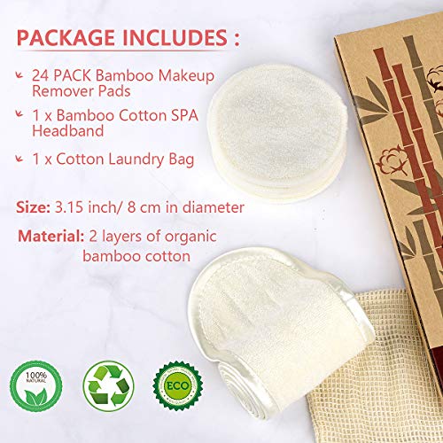Reusable Makeup Remover Pads,24 Packs Organic Bamboo Cotton Rounds with Spa Headband & Cotton Laundry Bag, Eco-friendly Natural Premium Upgrade Set1 2 Reusable Makeup Remover Pads,24 Packs Organic Bamboo Cotton Rounds with Spa Headband & Cotton Laundry Bag, Eco-friendly Natural Premium Upgrade Set1 - Image 2