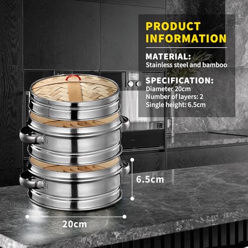 Syfunlv 2 Tiers Bamboo Steamer Basket, dumpling steamer bamboo,7.8 Inch Chinese Food Steamers,Stainless steel Rings With Lid,for Cooking Dim Sum, Buns, Dumplings, Vegetables 2 Syfunlv 2 Tiers Bamboo Steamer Basket, dumpling steamer bamboo,7.8 Inch Chinese Food Steamers,Stainless steel Rings With Lid,for Cooking Dim Sum, Buns, Dumplings, Vegetables - Image 2