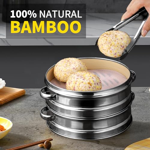Syfunlv 2 Tiers Bamboo Steamer Basket, dumpling steamer bamboo,7.8 Inch Chinese Food Steamers,Stainless steel Rings With Lid,for Cooking Dim Sum, Buns, Dumplings, Vegetables 3 Syfunlv 2 Tiers Bamboo Steamer Basket, dumpling steamer bamboo,7.8 Inch Chinese Food Steamers,Stainless steel Rings With Lid,for Cooking Dim Sum, Buns, Dumplings, Vegetables - Image 3