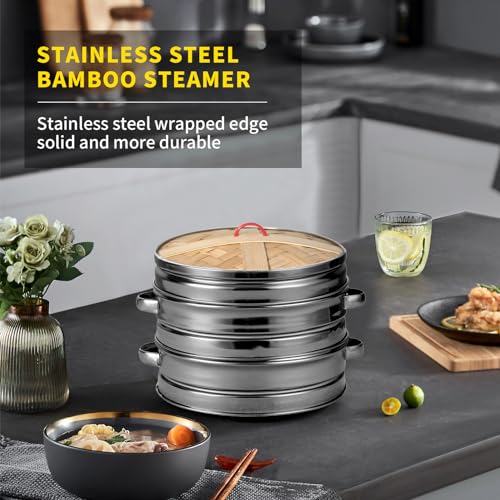 Syfunlv 2 Tiers Bamboo Steamer Basket, dumpling steamer bamboo,7.8 Inch Chinese Food Steamers,Stainless steel Rings With Lid,for Cooking Dim Sum, Buns, Dumplings, Vegetables 4 Syfunlv 2 Tiers Bamboo Steamer Basket, dumpling steamer bamboo,7.8 Inch Chinese Food Steamers,Stainless steel Rings With Lid,for Cooking Dim Sum, Buns, Dumplings, Vegetables - Image 4