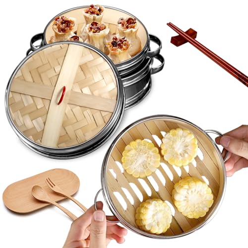 Syfunlv 2 Tiers Bamboo Steamer Basket, dumpling steamer bamboo,7.8 Inch Chinese Food Steamers,Stainless steel Rings With Lid,for Cooking Dim Sum, Buns, Dumplings, Vegetables 1 Syfunlv 2 Tiers Bamboo Steamer Basket, dumpling steamer bamboo,7.8 Inch Chinese Food Steamers,Stainless steel Rings With Lid,for Cooking Dim Sum, Buns, Dumplings, Vegetables