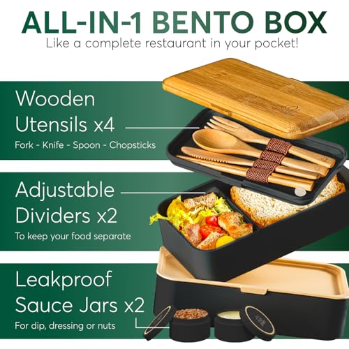 Umami Bento Box Adult All-in-1 w/ 4 Utensils, 100% Leakproof, Dishwasher & Microwave Safe Lunch Containers for Adults w/ 4 Compartments, Black & Tan, 1500 ml 4 Umami Bento Box Adult All-in-1 w/ 4 Utensils, 100% Leakproof, Dishwasher & Microwave Safe Lunch Containers for Adults w/ 4 Compartments, Black & Tan, 1500 ml - Image 4