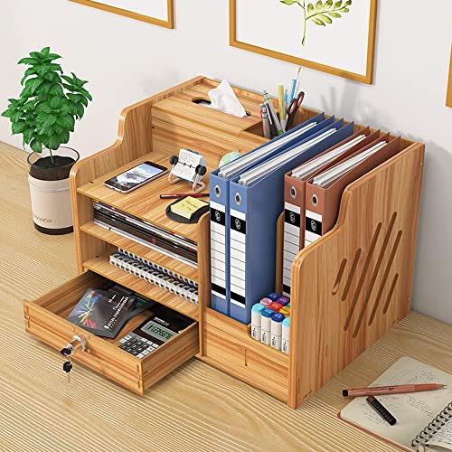 Updated Wooden Desktop Organiser with Drawer, Large Capacity Desk Tidy Storage Holder File Rack A4 Paper Document Sorter DIY Office Supplies Storage Box for Home, Office and School(JB07-2 Cherry Wood) 3 Updated Wooden Desktop Organiser with Drawer, Large Capacity Desk Tidy Storage Holder File Rack A4 Paper Document Sorter DIY Office Supplies Storage Box for Home, Office and School(JB07-2 Cherry Wood) - Image 3