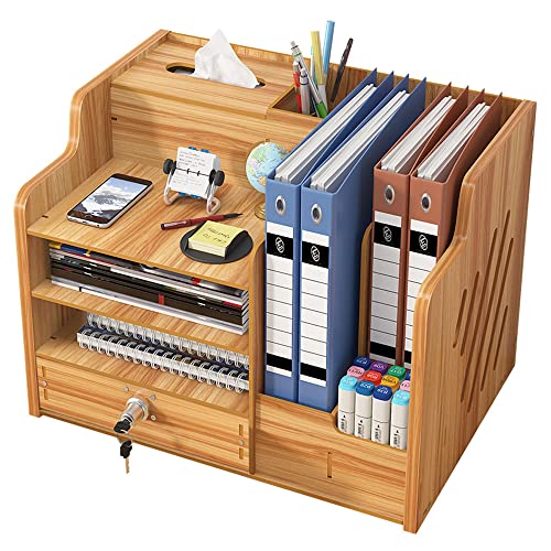 Updated Wooden Desktop Organiser with Drawer, Large Capacity Desk Tidy Storage Holder File Rack A4 Paper Document Sorter DIY Office Supplies Storage Box for Home, Office and School(JB07-2 Cherry Wood) 1 Updated Wooden Desktop Organiser with Drawer, Large Capacity Desk Tidy Storage Holder File Rack A4 Paper Document Sorter DIY Office Supplies Storage Box for Home, Office and School(JB07-2 Cherry Wood)