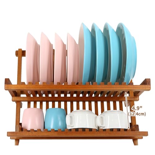Utoplike Teak Dish Rack Stand Drainer, Collapsible 2 Tier Dish Drying Rack with Cup Holder, Wooden Plate organiser for Kitchen 3 Utoplike Teak Dish Rack Stand Drainer, Collapsible 2 Tier Dish Drying Rack with Cup Holder, Wooden Plate organiser for Kitchen - Image 3