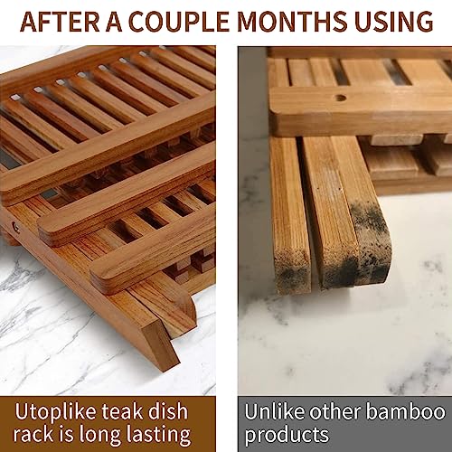 Utoplike Teak Dish Rack Stand Drainer, Collapsible 2 Tier Dish Drying Rack with Cup Holder, Wooden Plate organiser for Kitchen 4 Utoplike Teak Dish Rack Stand Drainer, Collapsible 2 Tier Dish Drying Rack with Cup Holder, Wooden Plate organiser for Kitchen - Image 4
