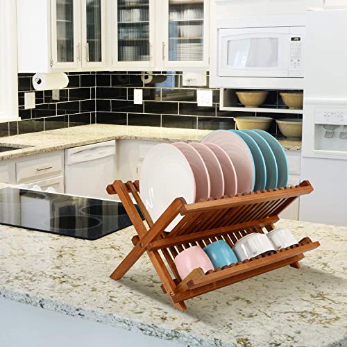 Utoplike Teak Dish Rack Stand Drainer, Collapsible 2 Tier Dish Drying Rack with Cup Holder, Wooden Plate organiser for Kitchen 5 Utoplike Teak Dish Rack Stand Drainer, Collapsible 2 Tier Dish Drying Rack with Cup Holder, Wooden Plate organiser for Kitchen - Image 5