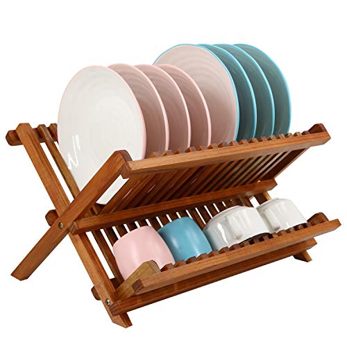 Utoplike Teak Dish Rack Stand Drainer, Collapsible 2 Tier Dish Drying Rack with Cup Holder, Wooden Plate organiser for Kitchen 1 Utoplike Teak Dish Rack Stand Drainer, Collapsible 2 Tier Dish Drying Rack with Cup Holder, Wooden Plate organiser for Kitchen