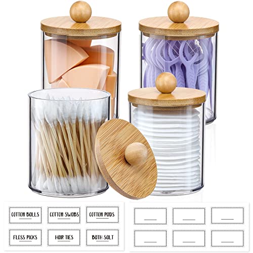 VITEVER 4 Pack Qtip Holder Dispenser with Bamboo Lids - 10 oz Clear Plastic Apothecary Jar Containers for Vanity Makeup Organizer Storage - Bathroom Accessories Set for Cotton Swab, Ball, Pads, Floss 2 VITEVER 4 Pack Qtip Holder Dispenser with Bamboo Lids - 10 oz Clear Plastic Apothecary Jar Containers for Vanity Makeup Organizer Storage - Bathroom Accessories Set for Cotton Swab, Ball, Pads, Floss - Image 2