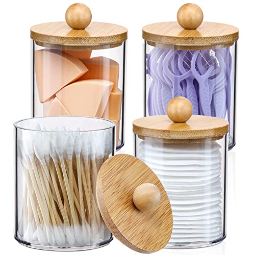 VITEVER 4 Pack Qtip Holder Dispenser with Bamboo Lids - 10 oz Clear Plastic Apothecary Jar Containers for Vanity Makeup Organizer Storage - Bathroom Accessories Set for Cotton Swab, Ball, Pads, Floss 1 VITEVER 4 Pack Qtip Holder Dispenser with Bamboo Lids - 10 oz Clear Plastic Apothecary Jar Containers for Vanity Makeup Organizer Storage - Bathroom Accessories Set for Cotton Swab, Ball, Pads, Floss