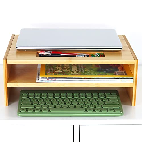 WKWKER 2-Tier Bamboo Monitor Stand With Grooved Storage Computer Monitor Riser Desk Tidy Organizer For Workstation Home Office Printer Laptop Stand (Natural Color) - Image 3