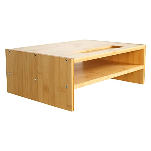 WKWKER 2-Tier Bamboo Monitor Stand With Grooved Storage Computer Monitor Riser Desk Tidy Organizer For Workstation Home Office Printer Laptop Stand (Natural Color) - Image 5