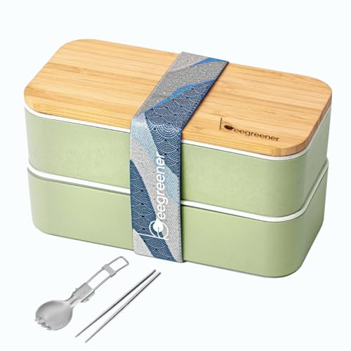 beegreener 100% Plant-Based Stackable Bento Box with Bamboo Lid - Bento Lunch Box for Adults with Compartments – Microwave & Dishwasher Safe Leak Proof Safe incl. Cutlery (Matcha) 1 beegreener 100% Plant-Based Stackable Bento Box with Bamboo Lid - Bento Lunch Box for Adults with Compartments – Microwave & Dishwasher Safe Leak Proof Safe incl. Cutlery (Matcha)